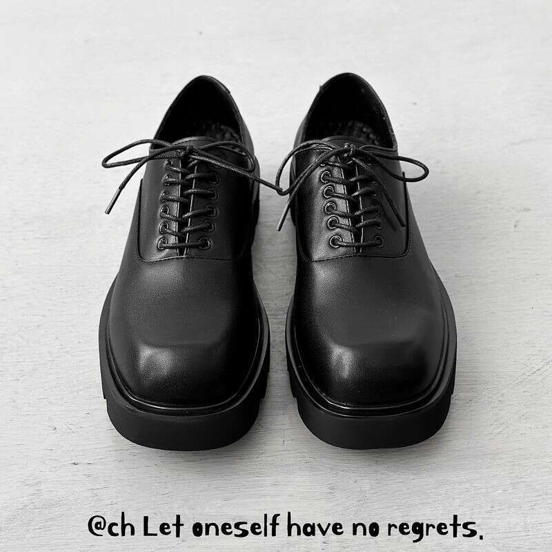 Square Toe Leather High-end Thick Soles, Korean Version Niche Design, Black Loafers For Men With High Height Derby Shoes