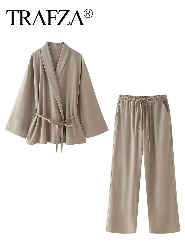TRAFZA Women Loose Wide Leg Pant Set Fashion Lapel V Neck Long Sleeve Thin Blazer Coat With Belt Summer Ladies Solid Suit 250814
