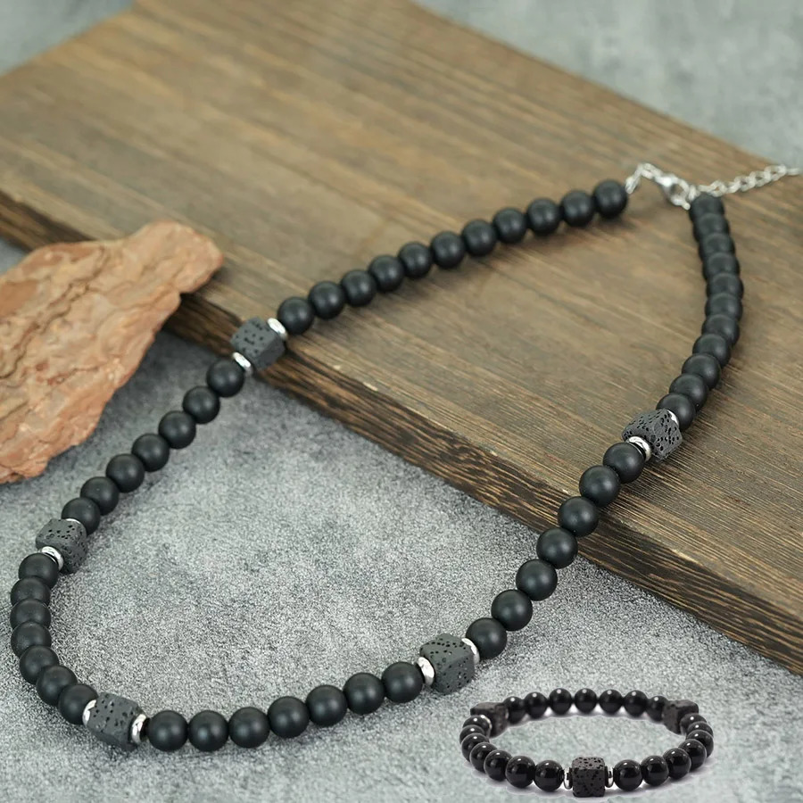 2Pcs Men Jewelry Bracelet Set Black Onyx Obsidian Lava Yoga Meditation Healing Necklace Braslet Locomotive Outdoor Accessories 250811