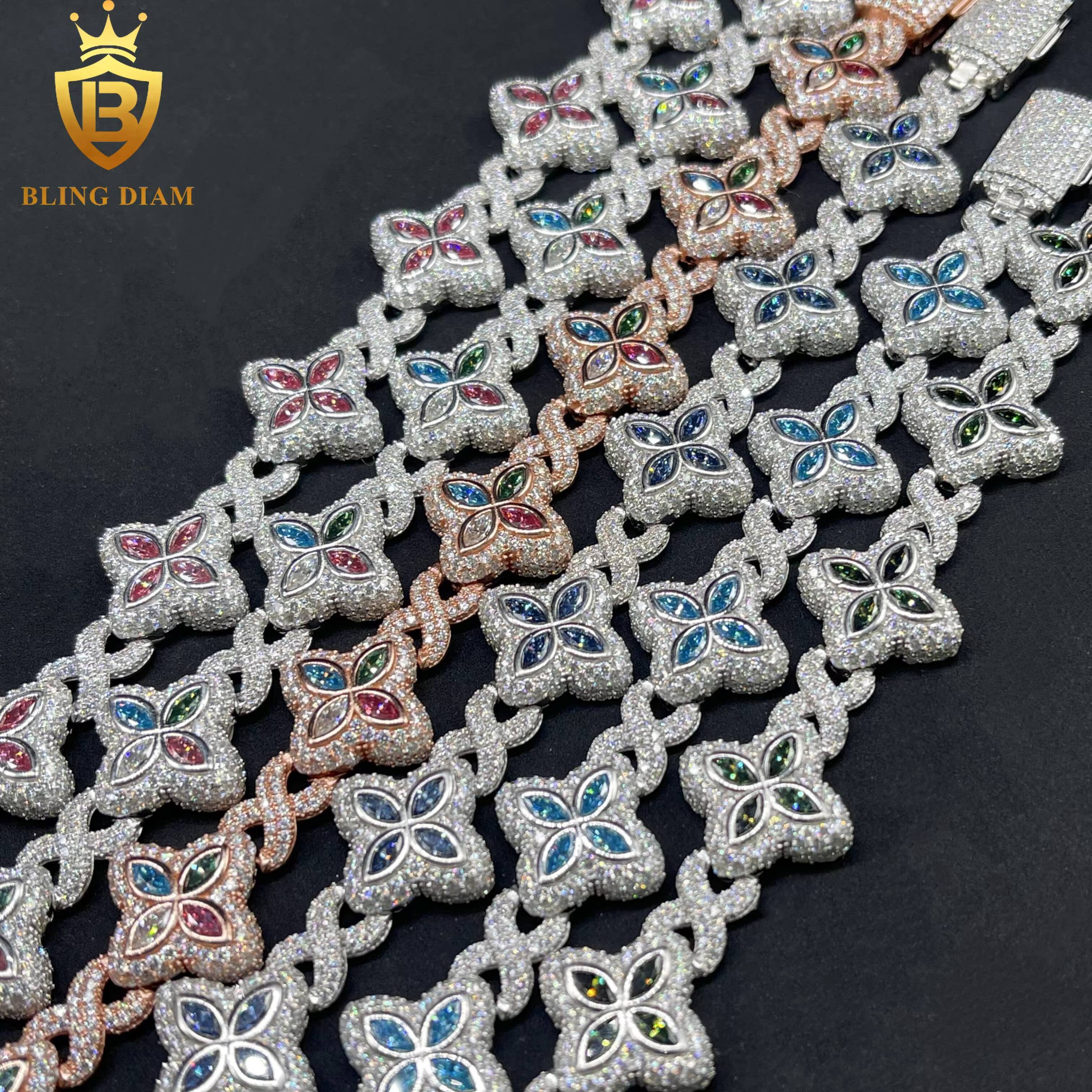 925 Sliver Jewelry 18mm Multiple Options Marquise 4 Leaf Cut Clover Flower Colorful Blue Moissanite Iced Out Bracelet