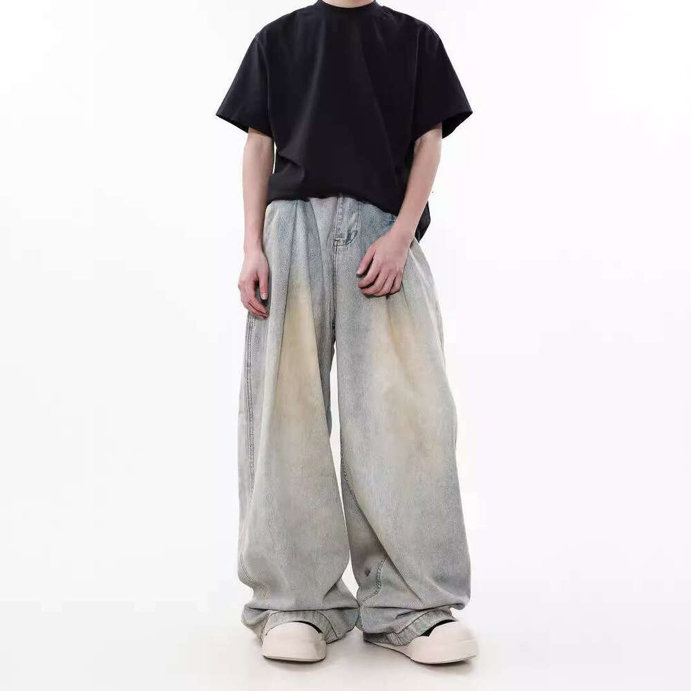 American Style Wrinkled Washed Jeans For Men, Niche High-End Loose Wide-Leg Floor-Length Pants B5