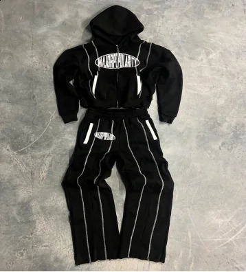 Casual trend splicing n hoodie sports twopiece set y2k hiphop loose fit and bodybuilding straight leg pants 250815