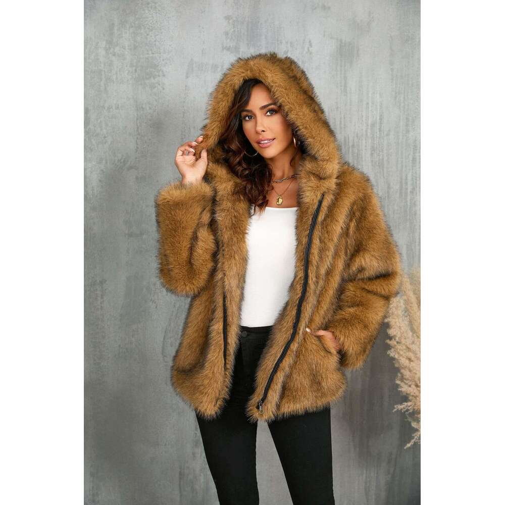 Women's Clothing Solid Color Loose Hooded Short Fur Collar Coat Warm Winter Wear 20250815