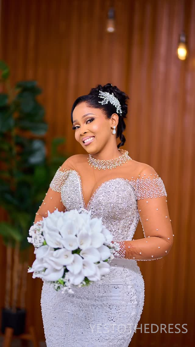 Arabic Aso Ebi Plus Size Off White Mermaid Wedding Dresses 2025 High Neck Sequined Lace Pearls Beaded Floral Lace Luxurious Vintage Bridal Gowns Dress