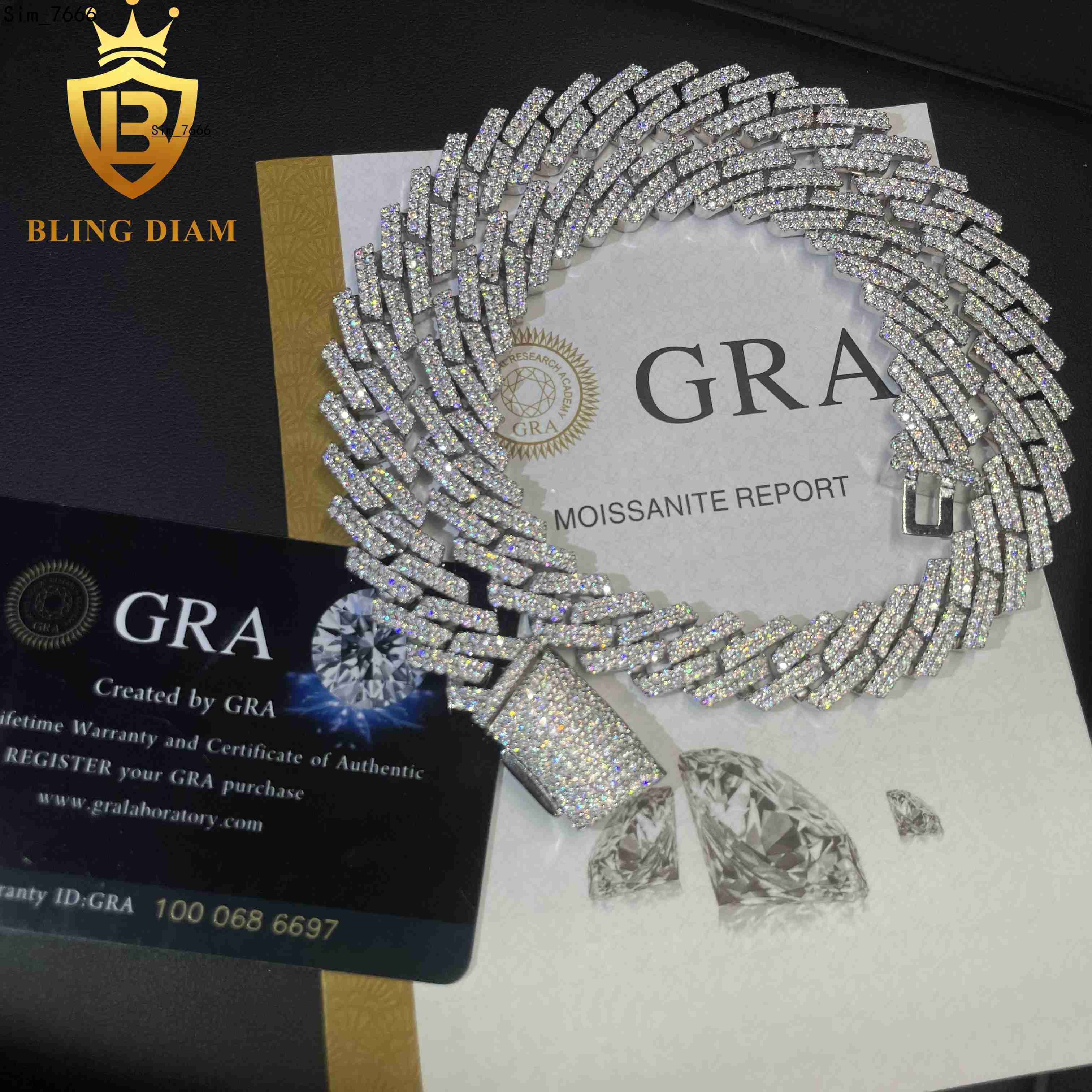 Fashion 14MM Moissanite Cuban Necklace Vvs Ice Out Round Brilliant Cut Diamond 925 Silver Fine Cuban Link Chain Men