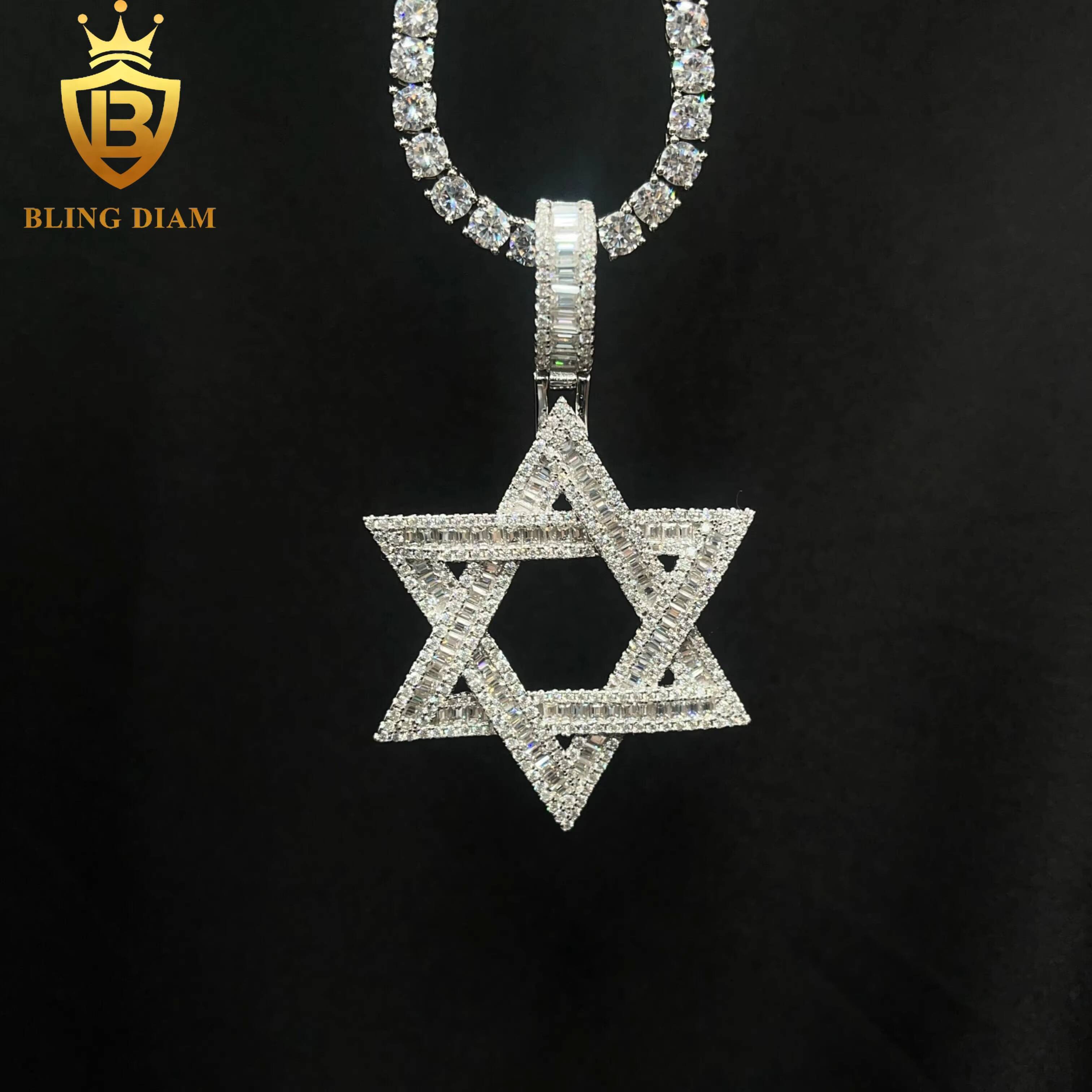 Iced Out Jewelry Passes Diamond Tester 925 Sterling Silver VVS Moissanite Baguette Star Charm Pendant