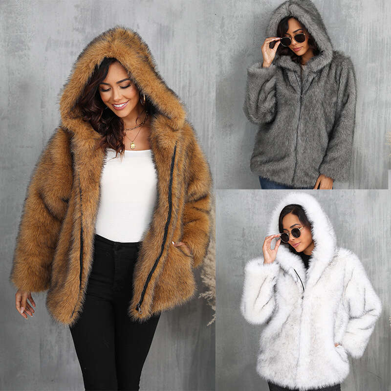 Women's Clothing Solid Color Loose Hooded Short Fur Collar Coat Warm Winter Wear 20250815