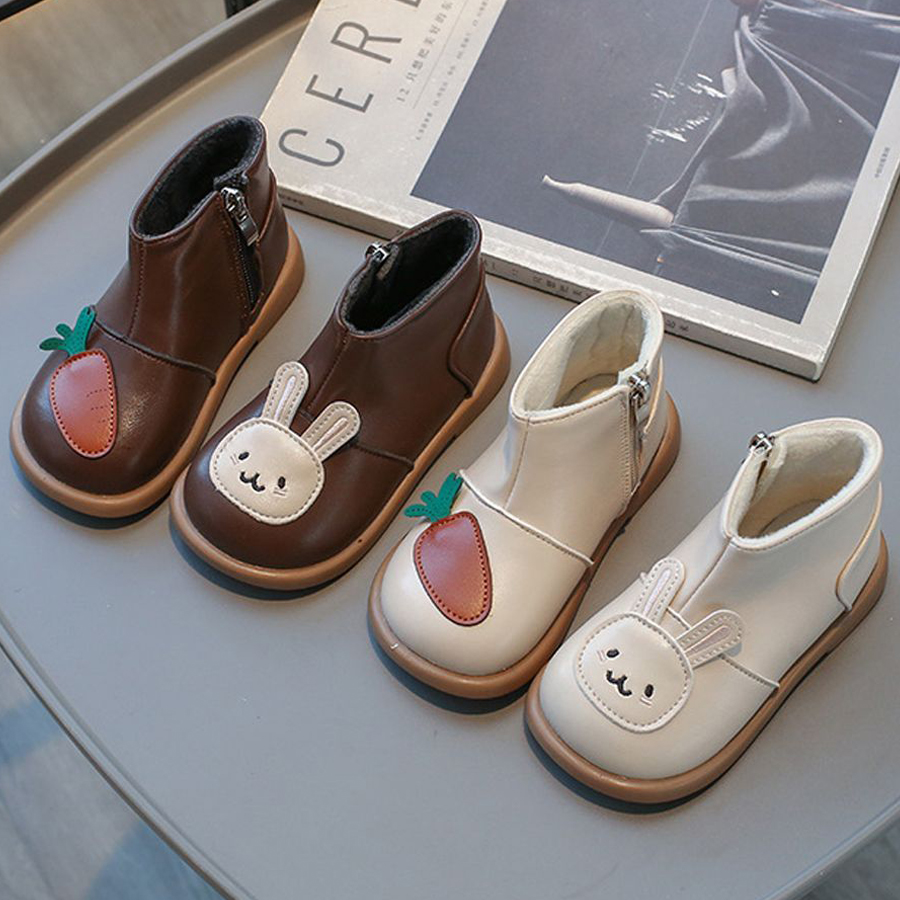Kids Snow Boots Cute Bunny and Carrot Patch Girls Boots for Winter Fashion Cartoon Kidsnest Children Causal Warm Ankle Cotton Boots Size US 5C-12.5C