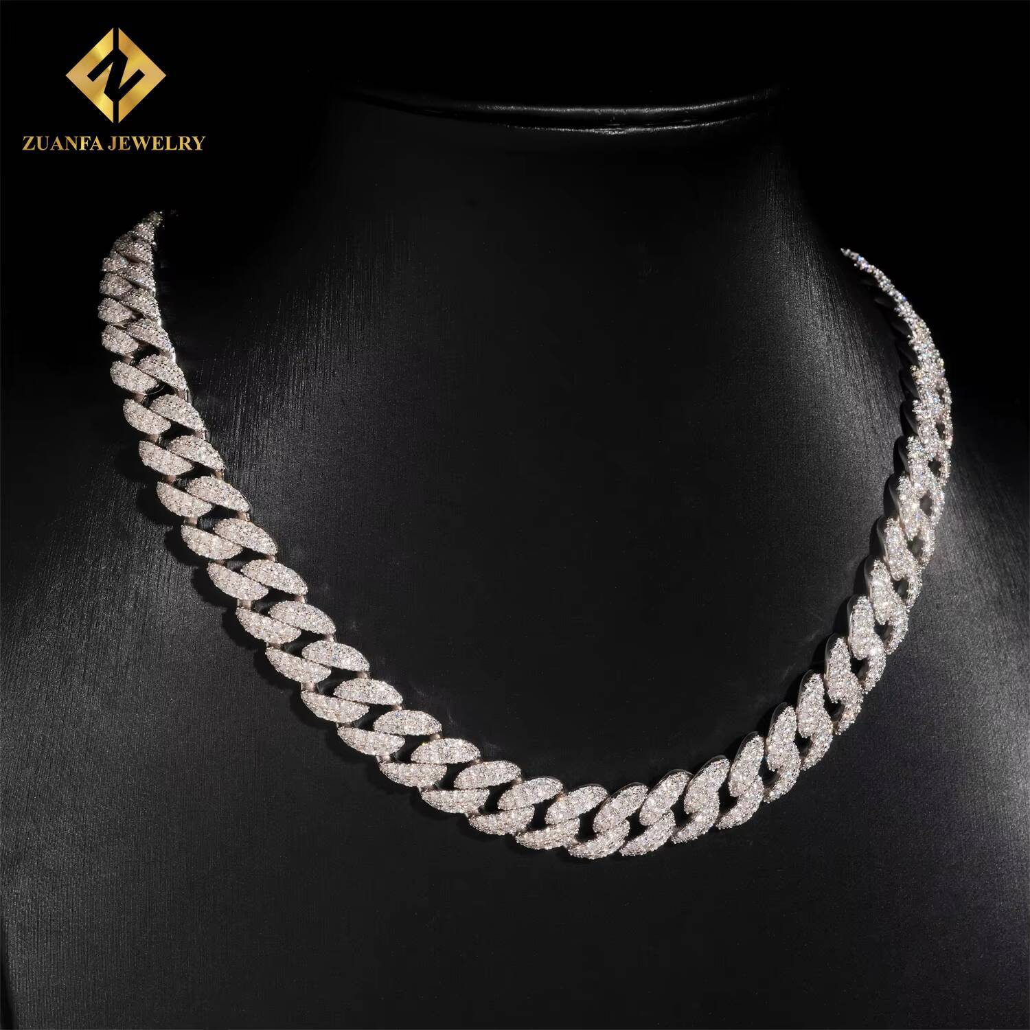 High Quality Jewelry Hip Hop Style Custom Iced Out Diamond 925 Silver 13mm 2 Rows VVS Moissanite Cuban Link Chain Necklace