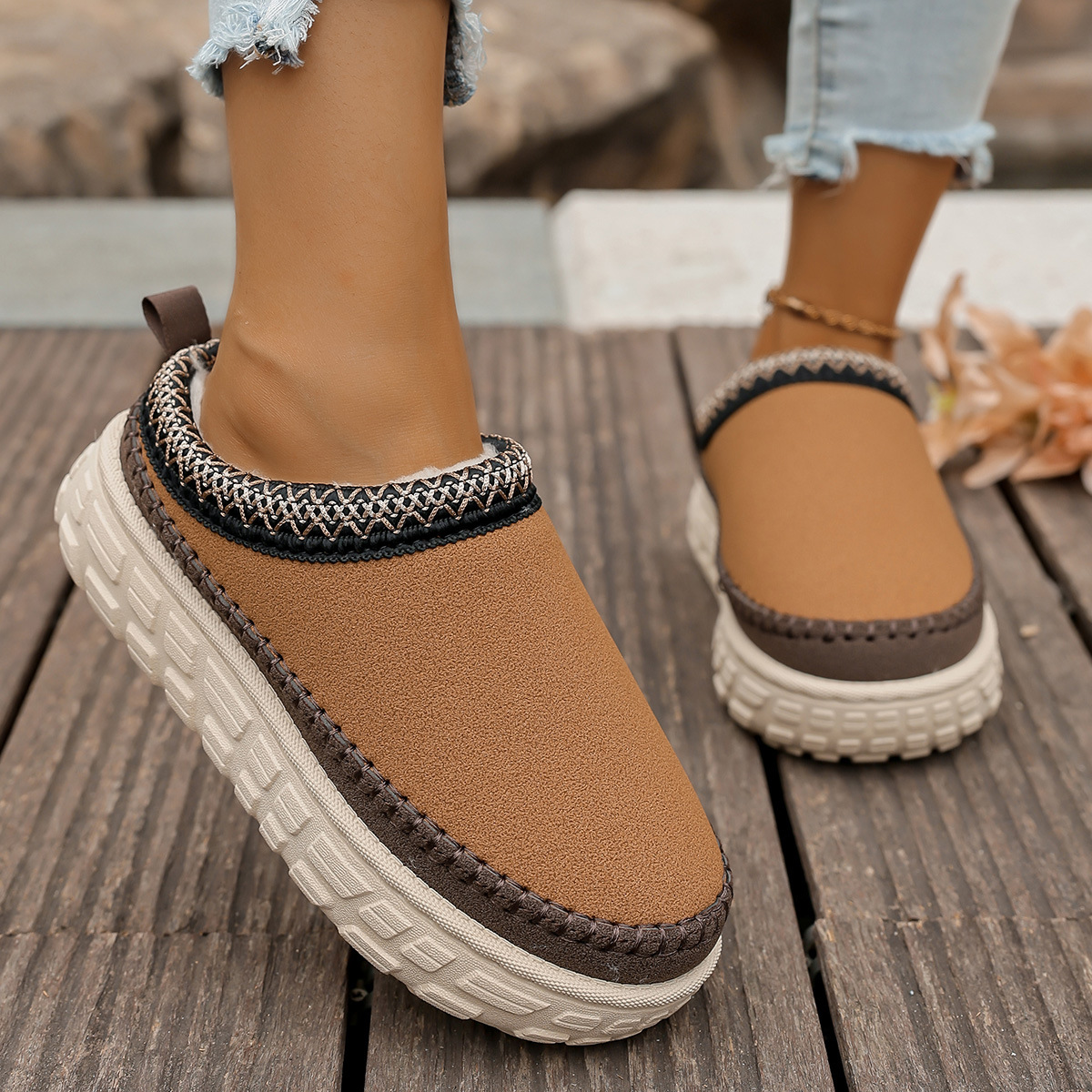 Fashion Round Toe Lace Trim Chunky Sole Snow Boots 2025 New Design Ankle Height Plush Fleece Lined Warm Womens Winter Shoes Free Shipping