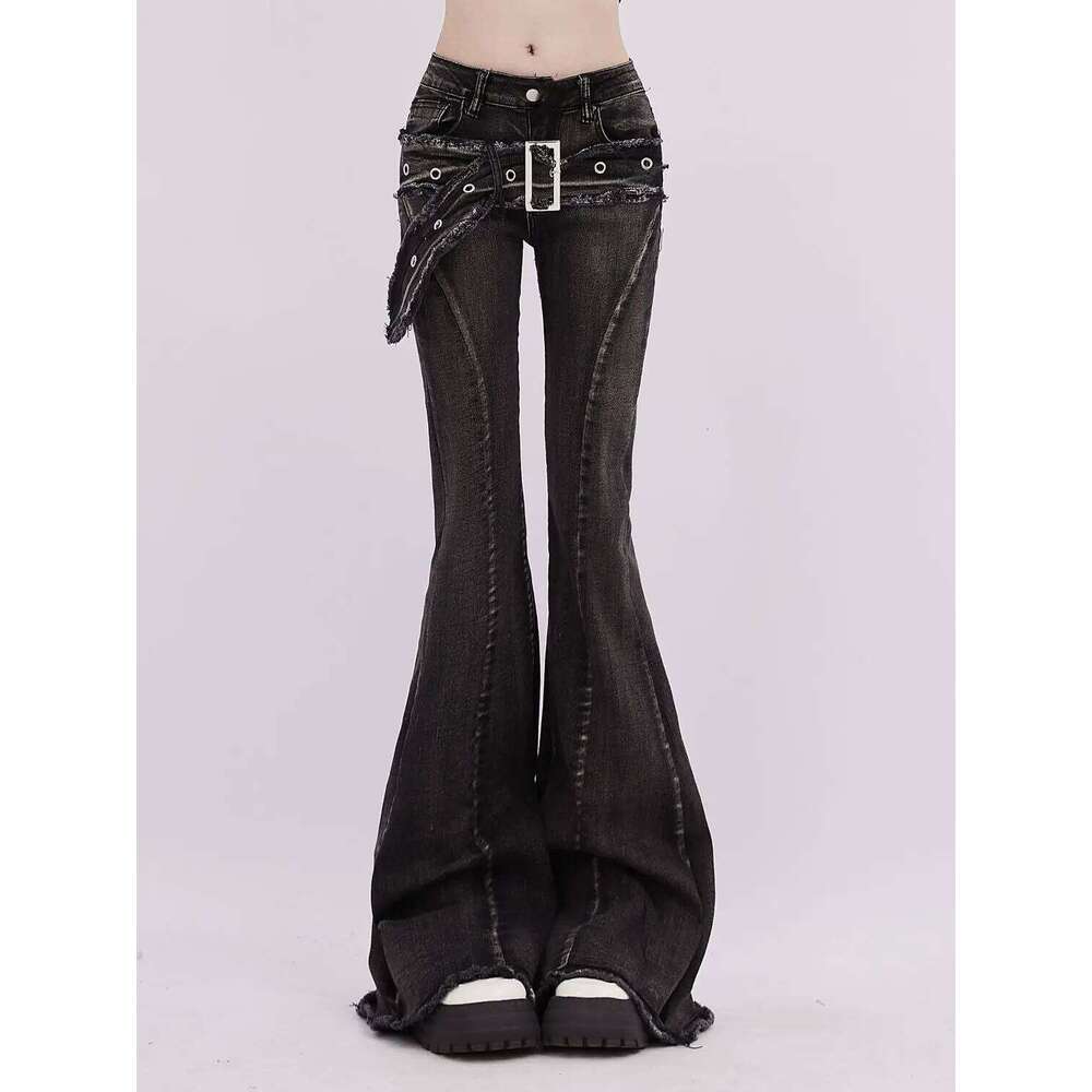 New retro micro-flare women jeans ins fashionable streetwear hot girl style belt bristled design slim straight pants