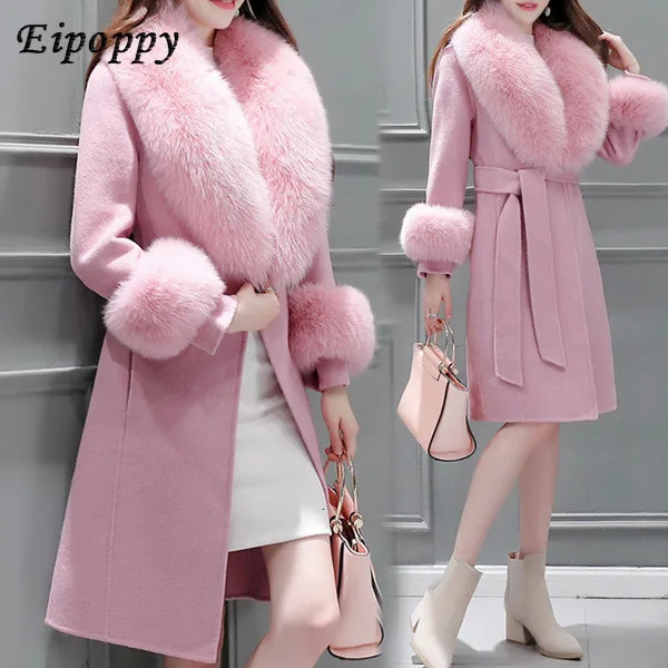 Woolen Coat Womens Mid-Length Korean Style Winter Slim Fit Tied Big Fur Collar Woolen Coat 250811