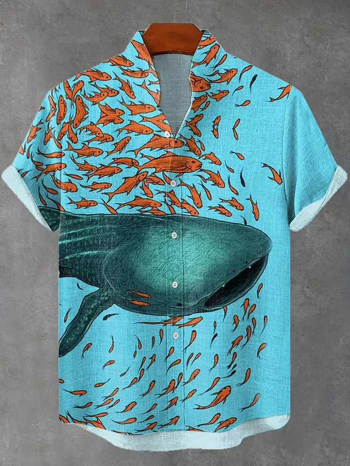 2025 mens retro style fish pattern print casual linen comfortable fabric short sleeved shirt button top 250804