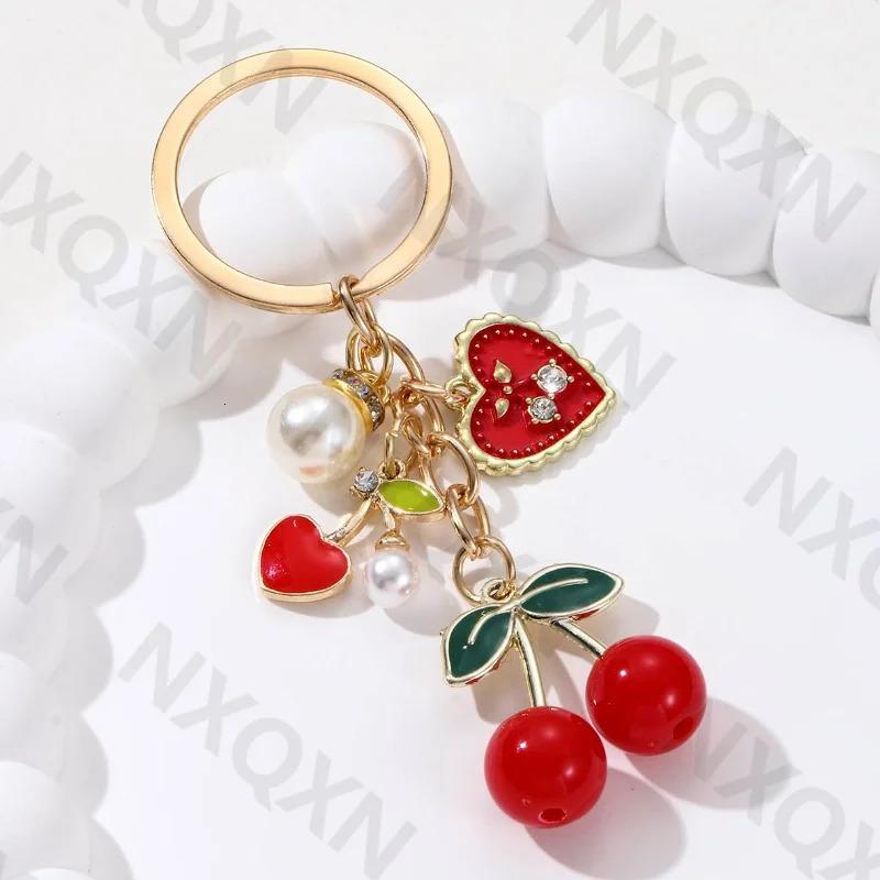 Pretty Cartoon Cherry Preal Heart Enamel Keychain Love Fruit Key Ring For Women Girl Handmade Friendship Gift Jewelry Set 250811