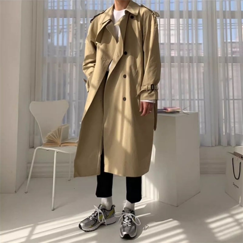 Korean Style Spring Trench Coat Man Streetwear Windbreaker Men Solid Business Casual Loose Sashe Fashion Long Overcoat 250729