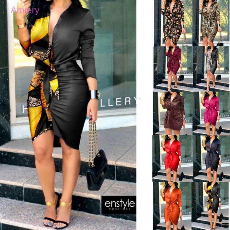 2025 Autumn Womens Designer Clothing Dress V-neck Lace Up Solid Long Sleeve Medium Length Shirt Dresses For Woman Robe Sexy Outfits