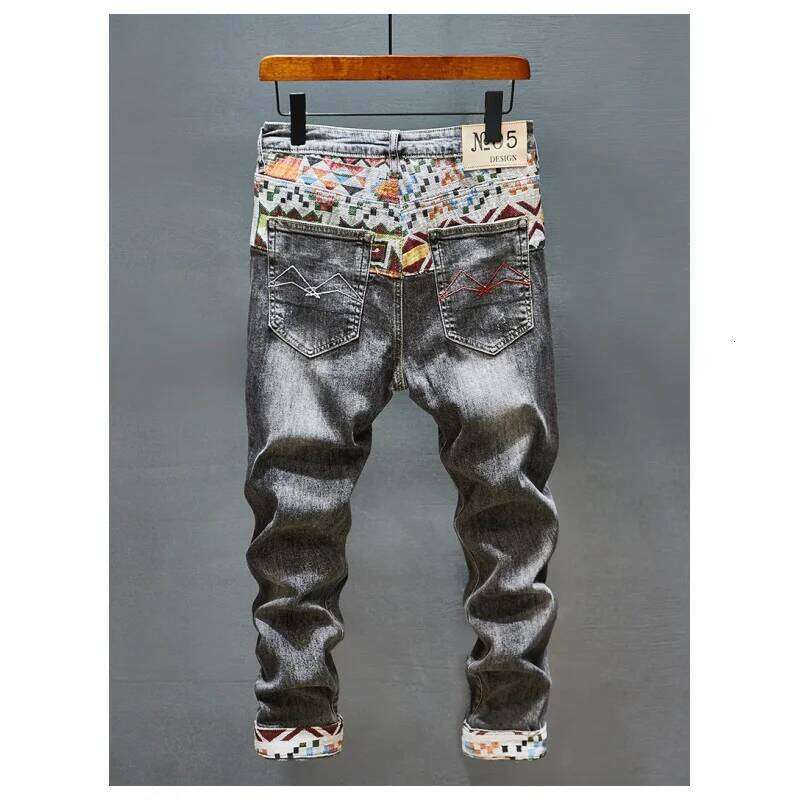 ing Embroidered Printed Jeans Men's Cool Smart Street Fashion Design Pattern Slim Fit Feet High-End Washed Trousers