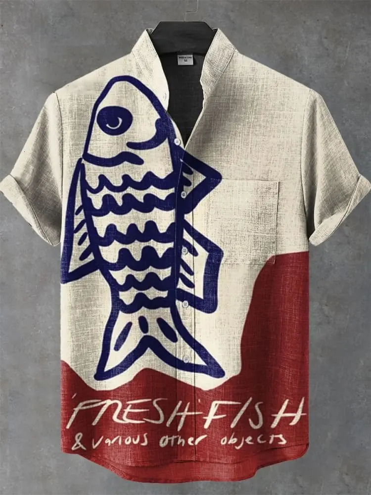 2025 mens retro style fish pattern print casual linen comfortable fabric short sleeved shirt button top 250804