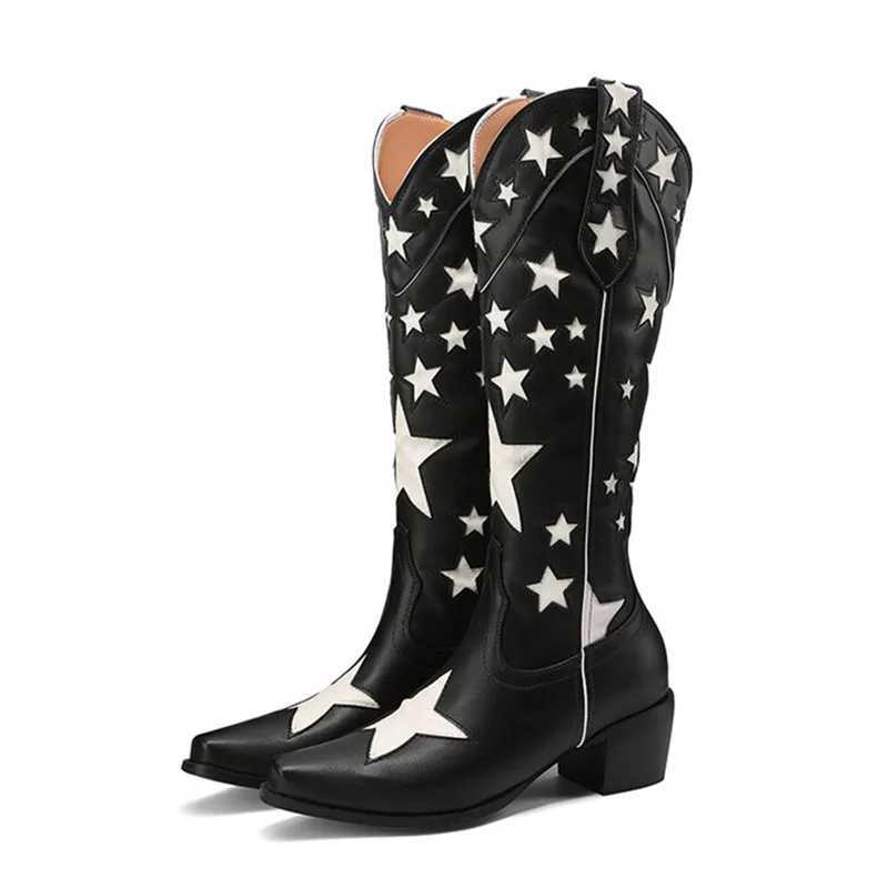 Vintage Trend Star Western Cowboy Boots Women Medium Block Heels Pull-on Cowgirl Boot Woman Autumn Winter Shoes 2025 Fall Winter