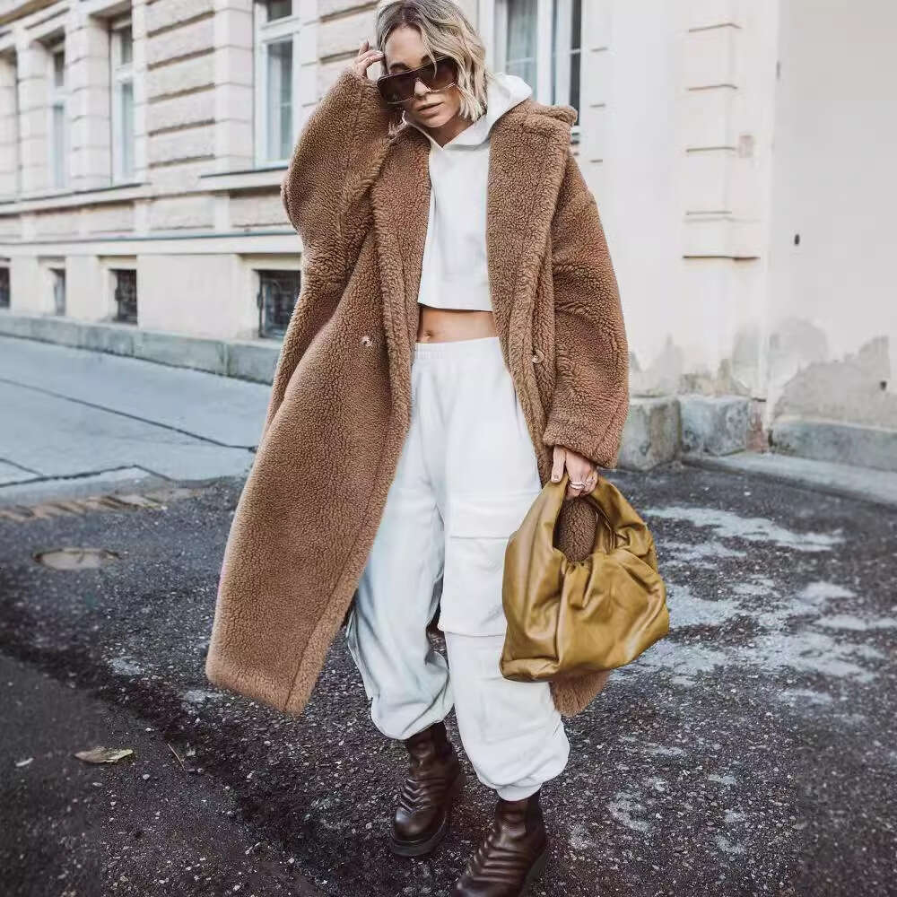 Winter Jacket Women Long Coat Wool Woven Fabric Thick Warm Outerwear Oversize Fashion Streetwear Teddy Bear Coats