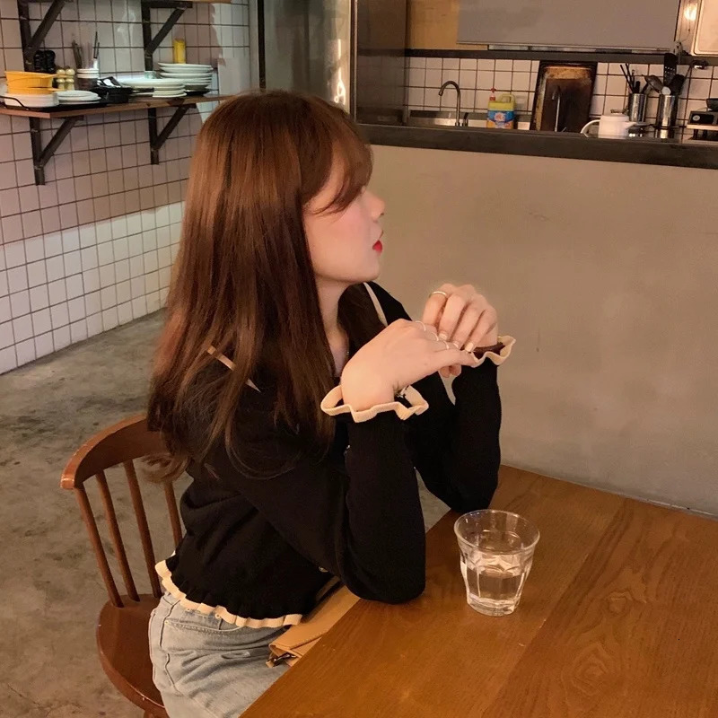 Korean Womens Long Sleeve Knitted Shirt Tops Autumn Polo Collar Crop Women 250814