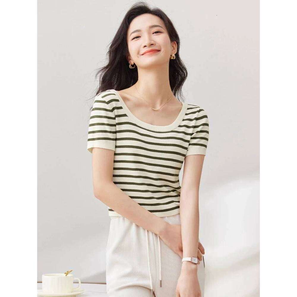 Designer Clothing 2025 Sentubila Elegant Knitted Sweater Women's 2025 New Autumn Striped Design U-Neck Short-Sleeved Pullovers Contrast Color