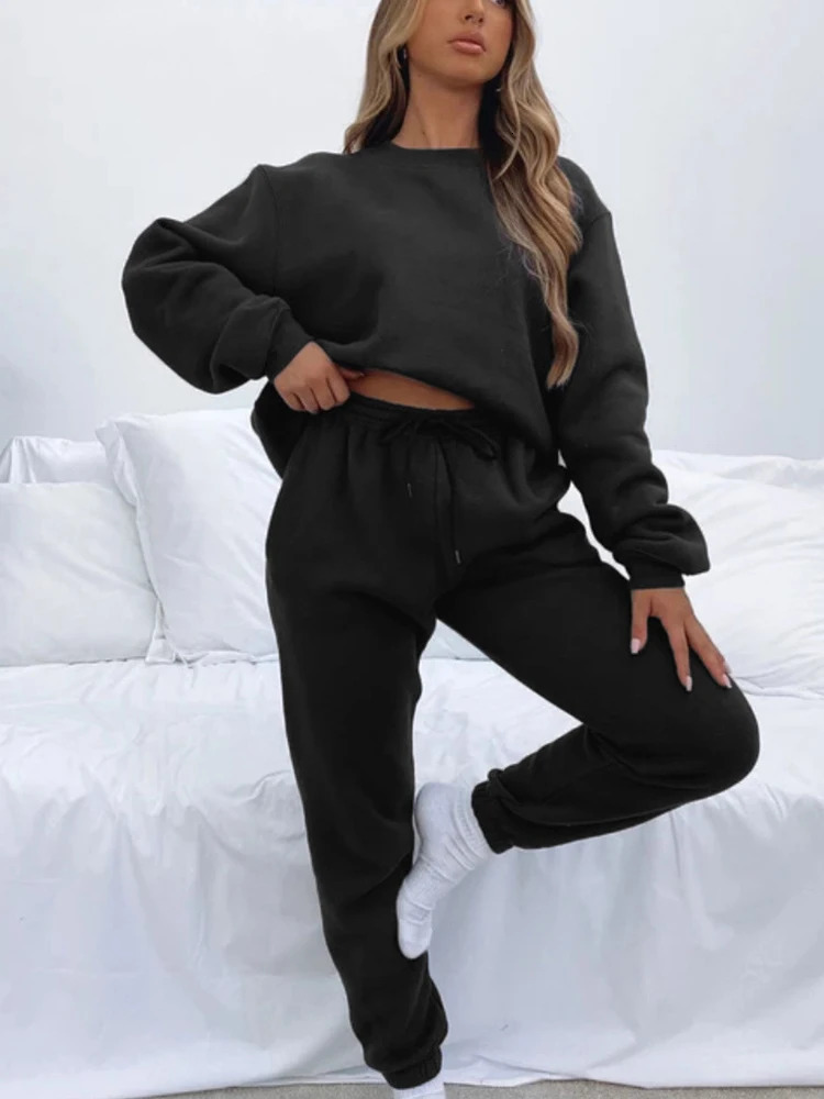 Autumn womens casual suit solid color long sleeve crewneck hoodie laceup pocket pants winter twopiece set 250814