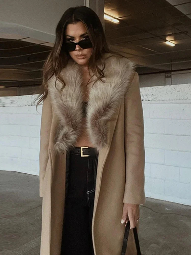 Fur Collar Long Woolen Coat Belt Lace Up Waist Cinching Pocket Plush Wool Overcoat Fashion Outwear Top Winter Womens Clothing 250811