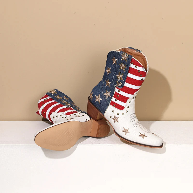 Womens Cowboy Western Boots USA Flag Ankle Booties Denim Studded Rivets Embroidery Stars Stripes Heeled Shoes Footwear 250809