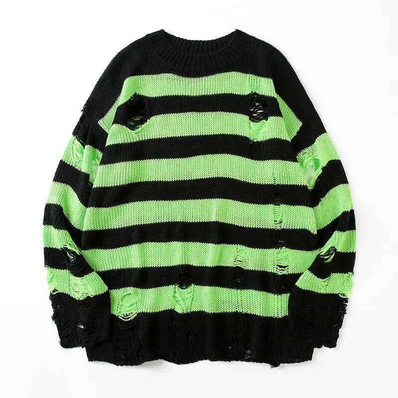 Designer Clothing 2025 Black Stripe Sweaters Destroyed Ripped Sweater Pullover Hole Knit Jumpers Men Oversized Sweatshirt Haruku Long Sleeve Tops
