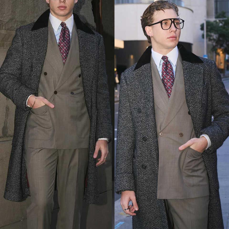 Classics Men Long Overcoat Wool Blends Notched Lapel Trench Double Breasted Warm Jacket Business Customized