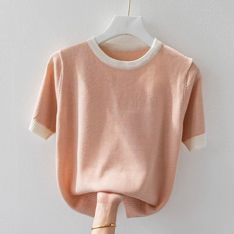 K1655 2025 Summer New Ice Silk Short Sleeve Shirt Women's Contrast Color European Goods All-match Round Neck Loose Knitted Bottoming Shirt Top