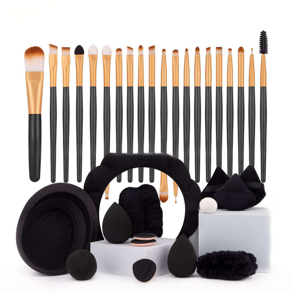 DHcollections 33-Piece Makeup Brush Set - Professional Cosmetic Brush Kit with Makeup Sponge & Pouch (Pink Gold/Brown Gold/Black Gold)