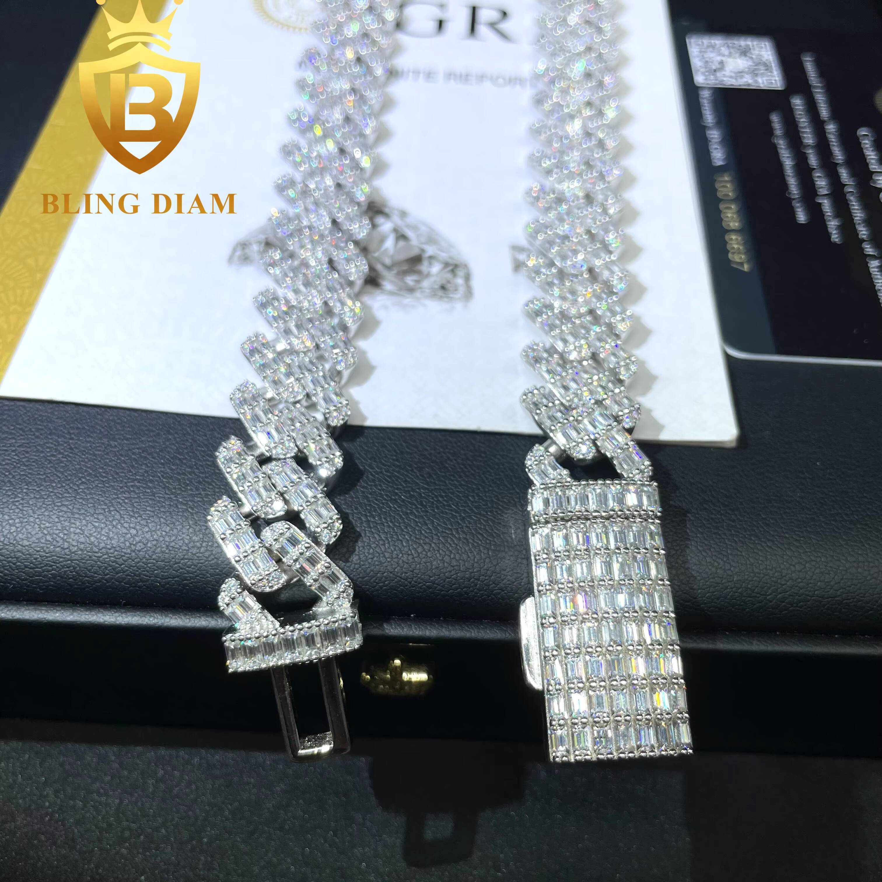 Pass Diamond Tester 15mm 2 Rows Solid 925 Sterling Silver Men Hip Hop Jewelry Iced Out VVS Moissanite Cuban Link Chain Necklace