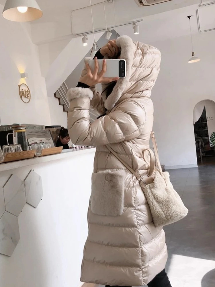 Winter Down Jacket Women Rabbit Fur 90% Collar Hooded White Duck Puffer Coat Female Warm Windproof Parkas Ladies 250811