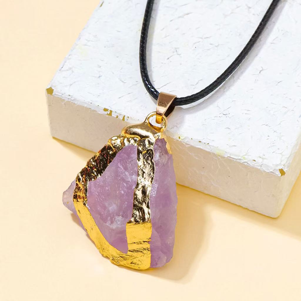2025 New Arrival Natural Crystal Raw Stone Gold Plated Pendant Necklace Amethyst Rose Quartz Milky Yellow Crystal Irregular Raw Stone Decorative Chain
