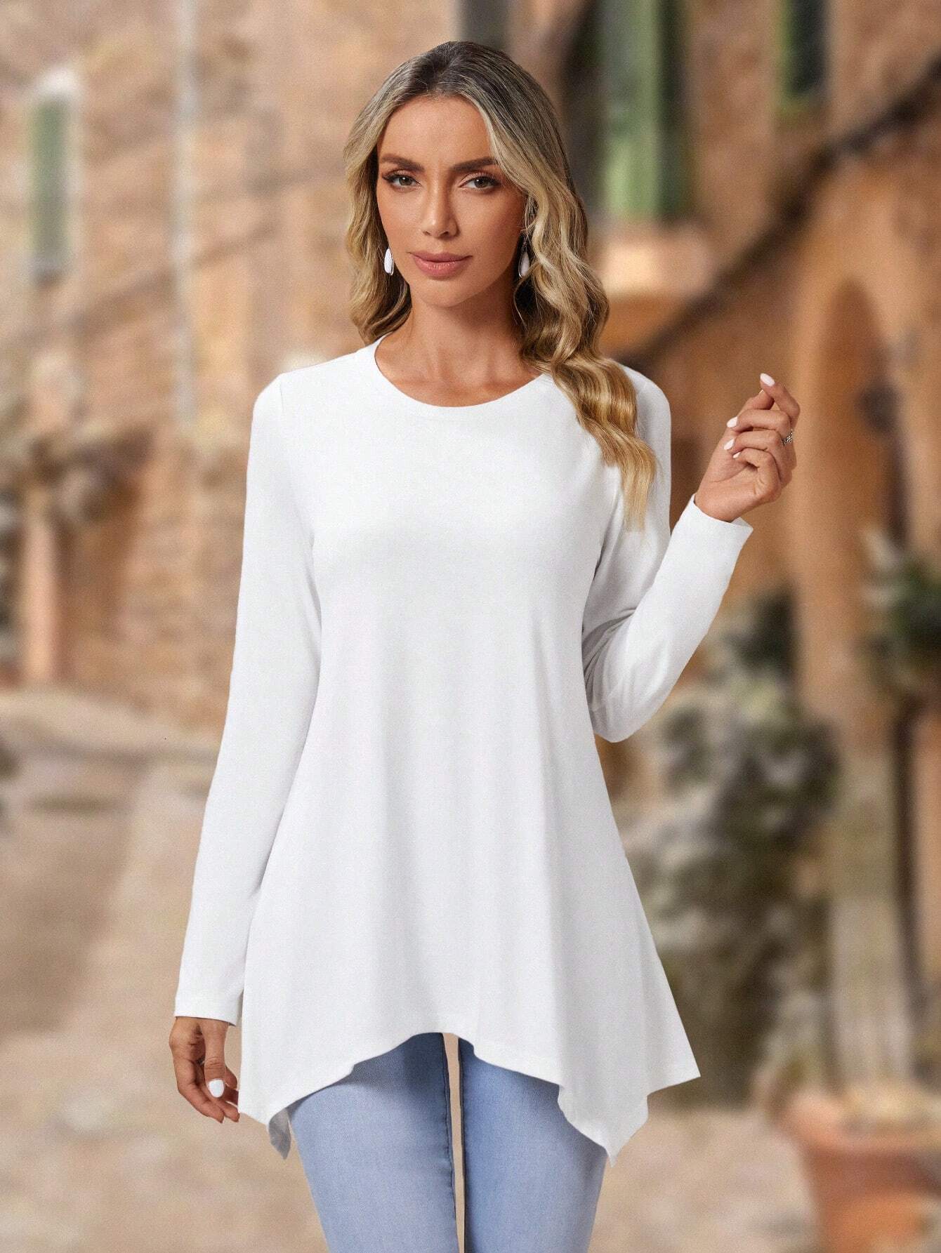 Solid Color Long Sleeve Irregular Fashion Round Neck Top Women's Clothing