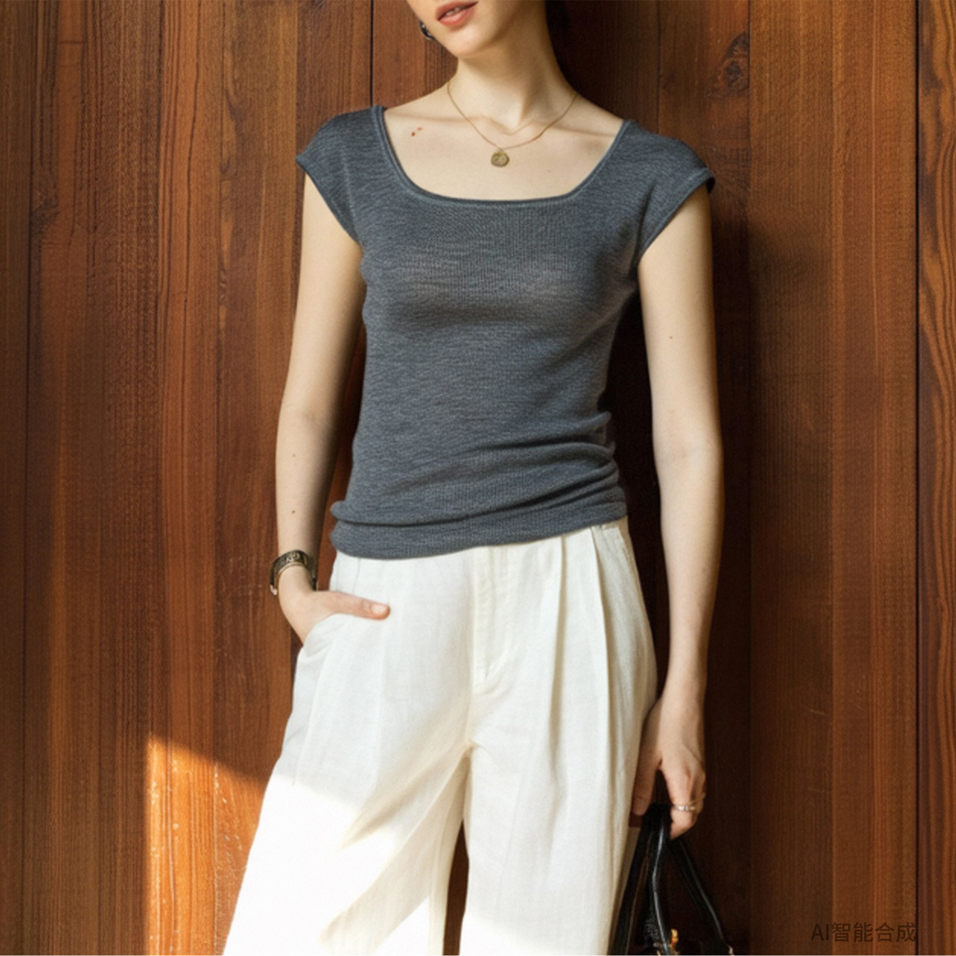 2025 Autumn New Pure Wool Women's Top French Square Neck Design T-Shirt Slimming Short Sleeve Knitted Shirt