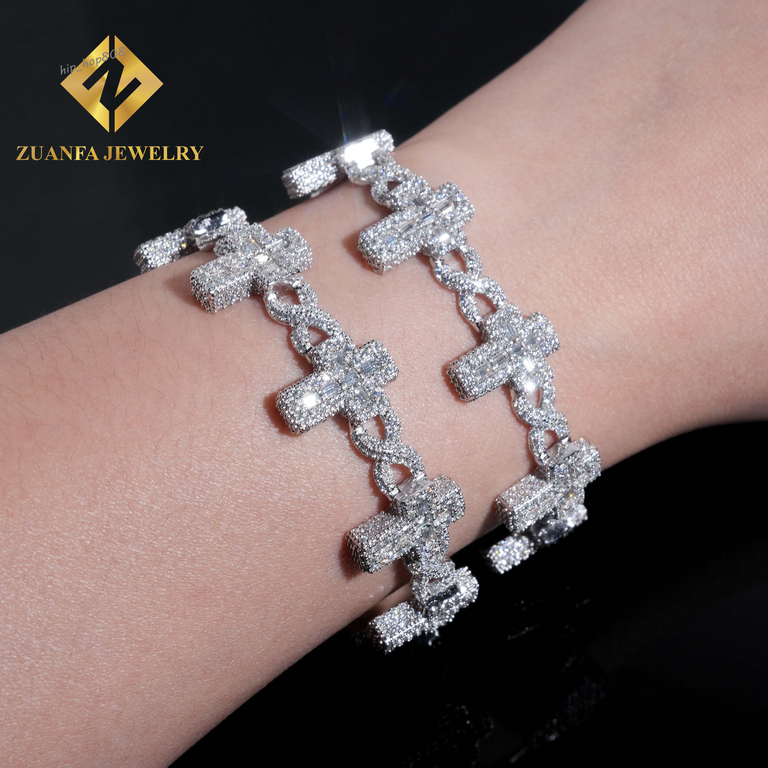Hot Selling Rapper Hip Hop Style Moissanite Bracelets 925 Silver Infinity Cross Moissanite Cuban Link Chain Bracelet