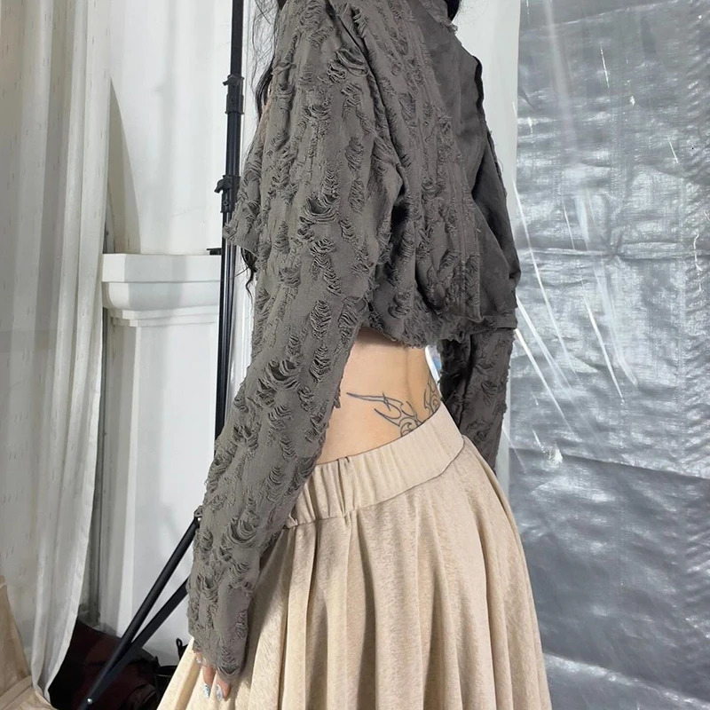 Post Apocalyptic Distressed Ripped Hoodie American Long Sleeve Jazz Sexy Cropped Top Harajuku Y2K Subculture Street Sweatshirt 250814