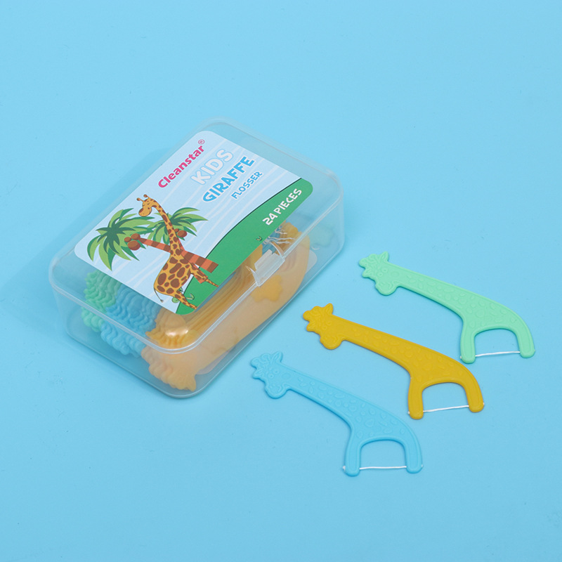 24-pack box of cute cartoon-shaped children's colored smooth dental floss sticks, portable disposable plastic dental floss picks