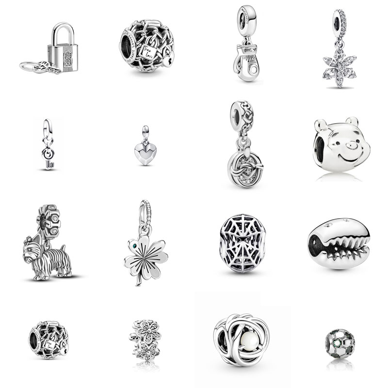 Silver S925 Designer Charm Clover Flower Love Snowflake Dog Pendant Key Lock Hanging Bead DIY Bracelet Jewelry Free Shipping Birthday Gift