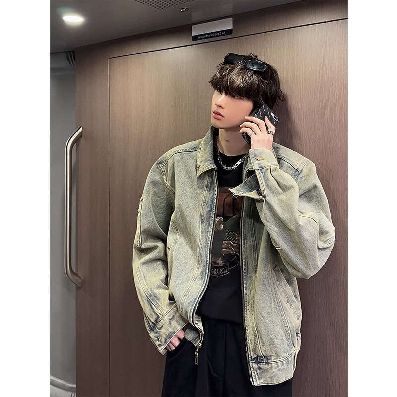 Spring And Autumn Vintage Washed For Men New Cool Denim Jacket American Style Trendy Brand Versatile Turn-Down Collar Top B5
