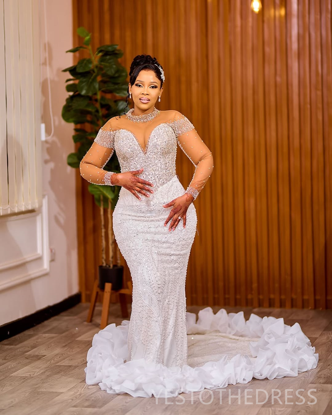 Arabic Aso Ebi Plus Size Off White Mermaid Wedding Dresses 2025 High Neck Sequined Lace Pearls Beaded Floral Lace Luxurious Vintage Bridal Gowns Dress
