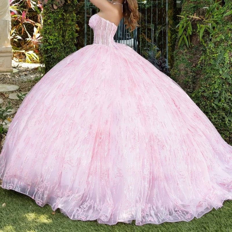 Pink Ball Gown Quinceanera Dresses Off the Shoulder Sequin Applique Lace Beads Tull Corset Vestidos 15 De Anos Sweet 16 Dress