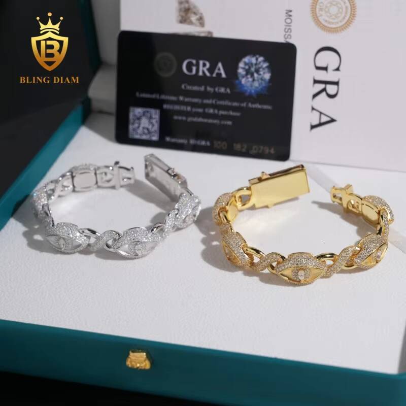 Pass Diamond Tester 12mm Rapper Jewelry Iced Out Hip Hop S925 Moissanite Evil Eyes Diamond Jewelry Cuban Link Bracelet Man