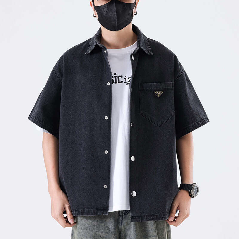 2025 Youth Spring Summer New Washed Nina Gray American High Street Casual Turn-Down Collar Short Sleeve Denim Shirt Jacket