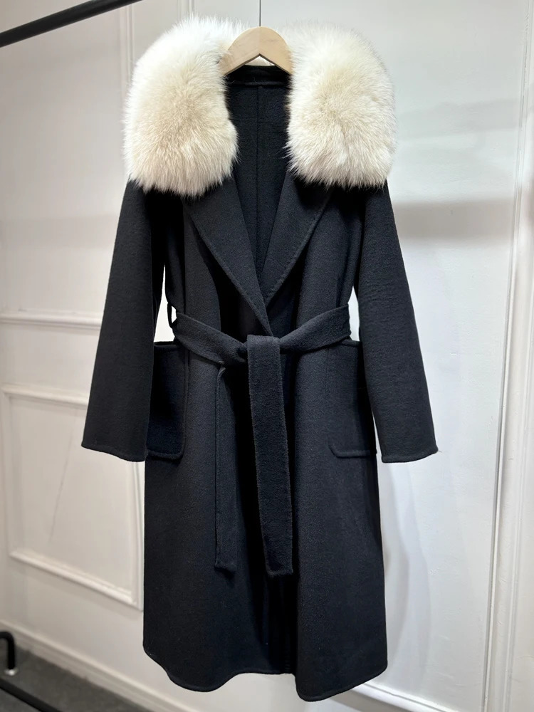 Janveny Fox Fur Coat Autumn Winter Jacket Women Wool Blends Coats Belt Cuffs Warm Fashion Woolen Streetwear 250811