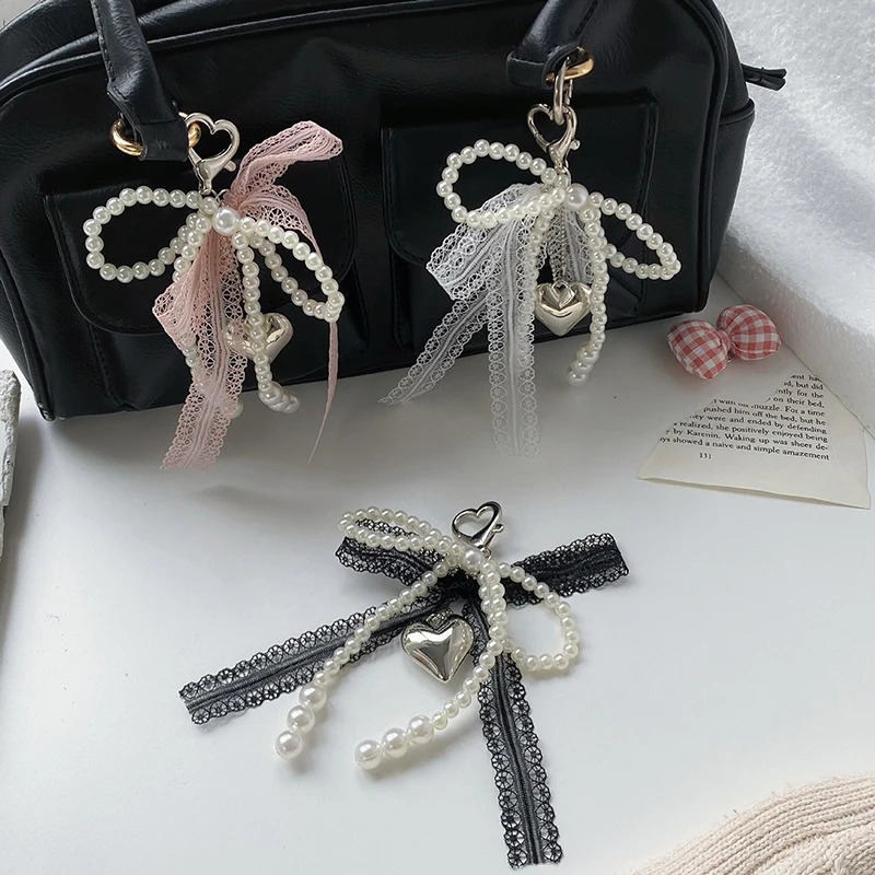 2025 Sweet Pearl Bow Keychain Heart Lace Pendant Car Korean Y2K Beauty Girl Bag Accessory Gift 250804