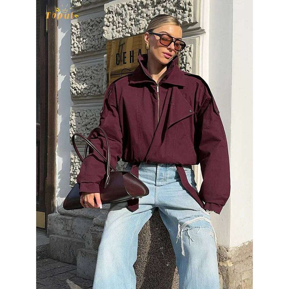 Fashion Bury Zipper Bomber Jacket Women Loose Stand Collar Button Long Sleeve Pocket Short Coat Lady Street Outerwear 2025